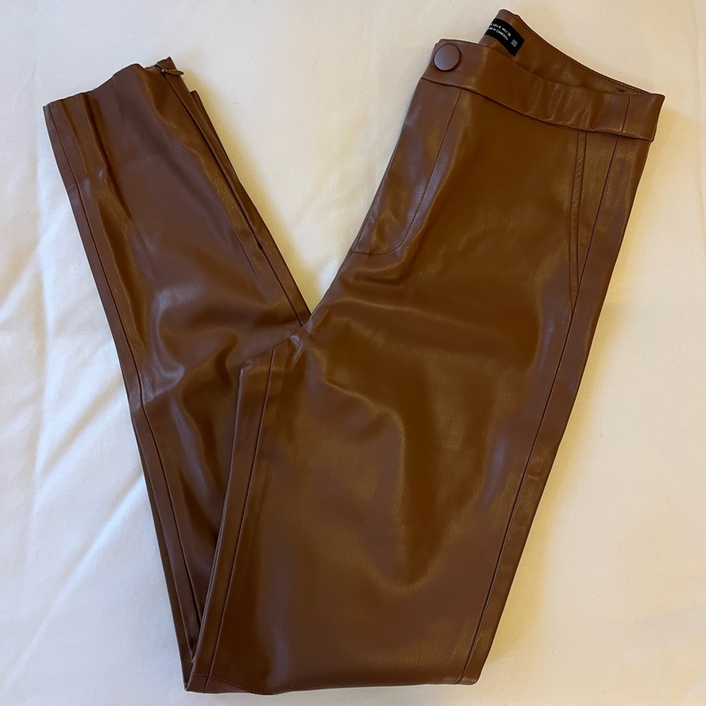 Zara brown faux leather pants with ankle zip detail